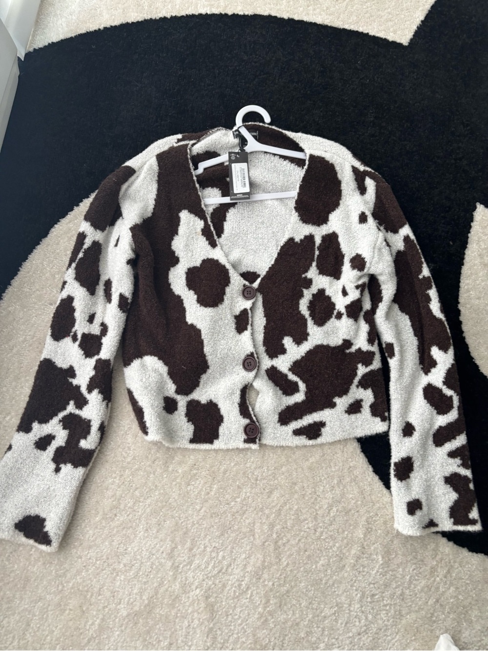 Prettylittlething Cozy Cow-Print Button Cardigan Jacket